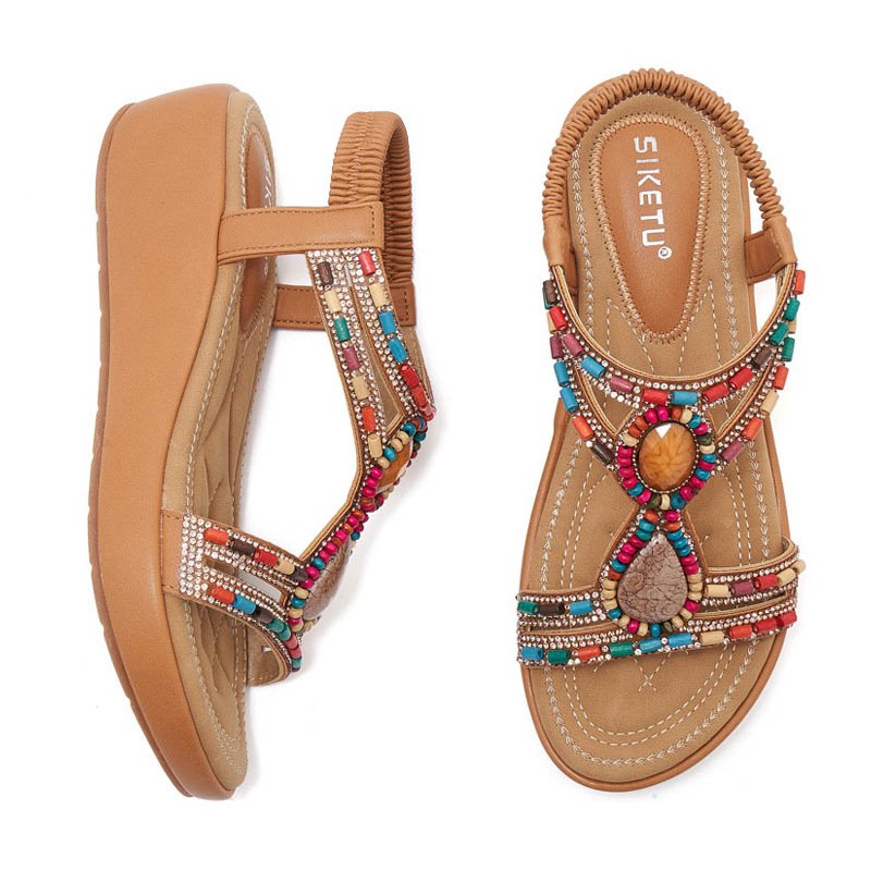 O1CN01SrWCxr2DMZCKpa0nD_!!3707858595-0-cib Ethnic style Bohemian retro beaded elastic band rhinestone wedge sandals for women - Image 1