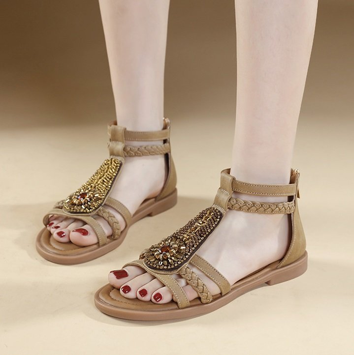 O1CN01bmZ8Sr2DMZ9FAUIni_!!3707858595-0-cib - Copy New 2025 Summer Sandals Women Bohemian Retro Beaded Zipper Rhinestone Roman Flat Sandals - Image 1