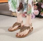 Summer New Bohemian Style Flip-Flops Beaded Rhinestone Buckle Elastic Heel Elastic Band Women's Shoes