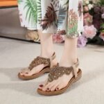 Summer New Bohemian Style Flip-Flops Beaded Rhinestone Buckle Elastic Heel Elastic Band Women's Shoes