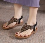 Summer New Bohemian Style Flip-Flops Beaded Rhinestone Buckle Elastic Heel Elastic Band Women's Shoes - Image 3